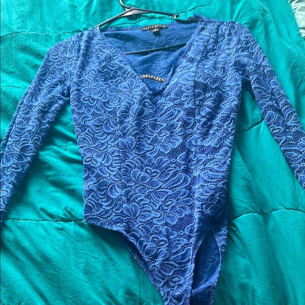 Haute Monde Blue Graphic Long Sleeve Bodysuit